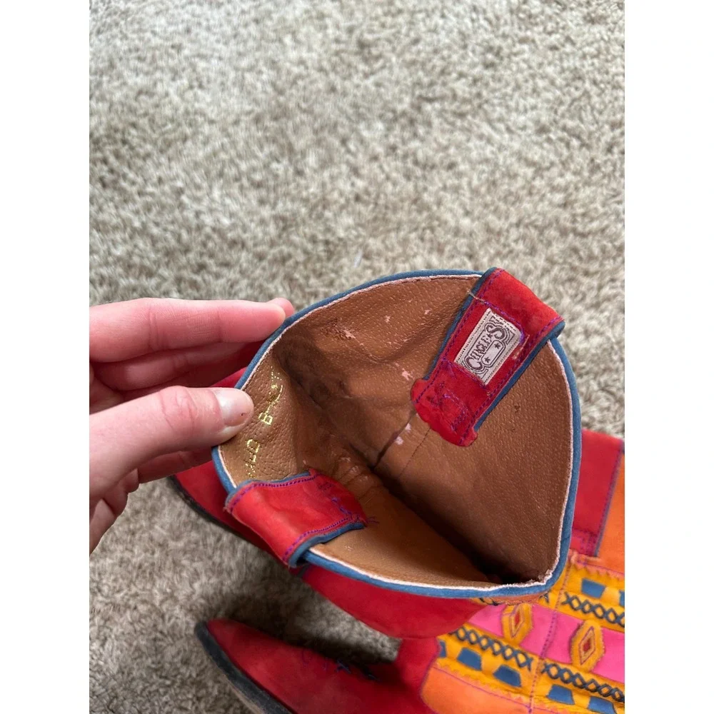 Womens Red Orange Embroidered Western Boho Festival Cowboy Boots Retro Tribal 7M - Picture 4 of 10